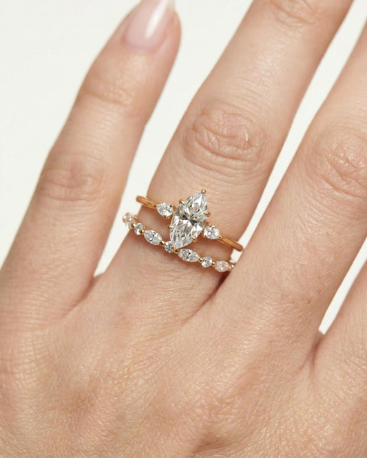 Lune Marquise Three-Stone Bridal Ring Set