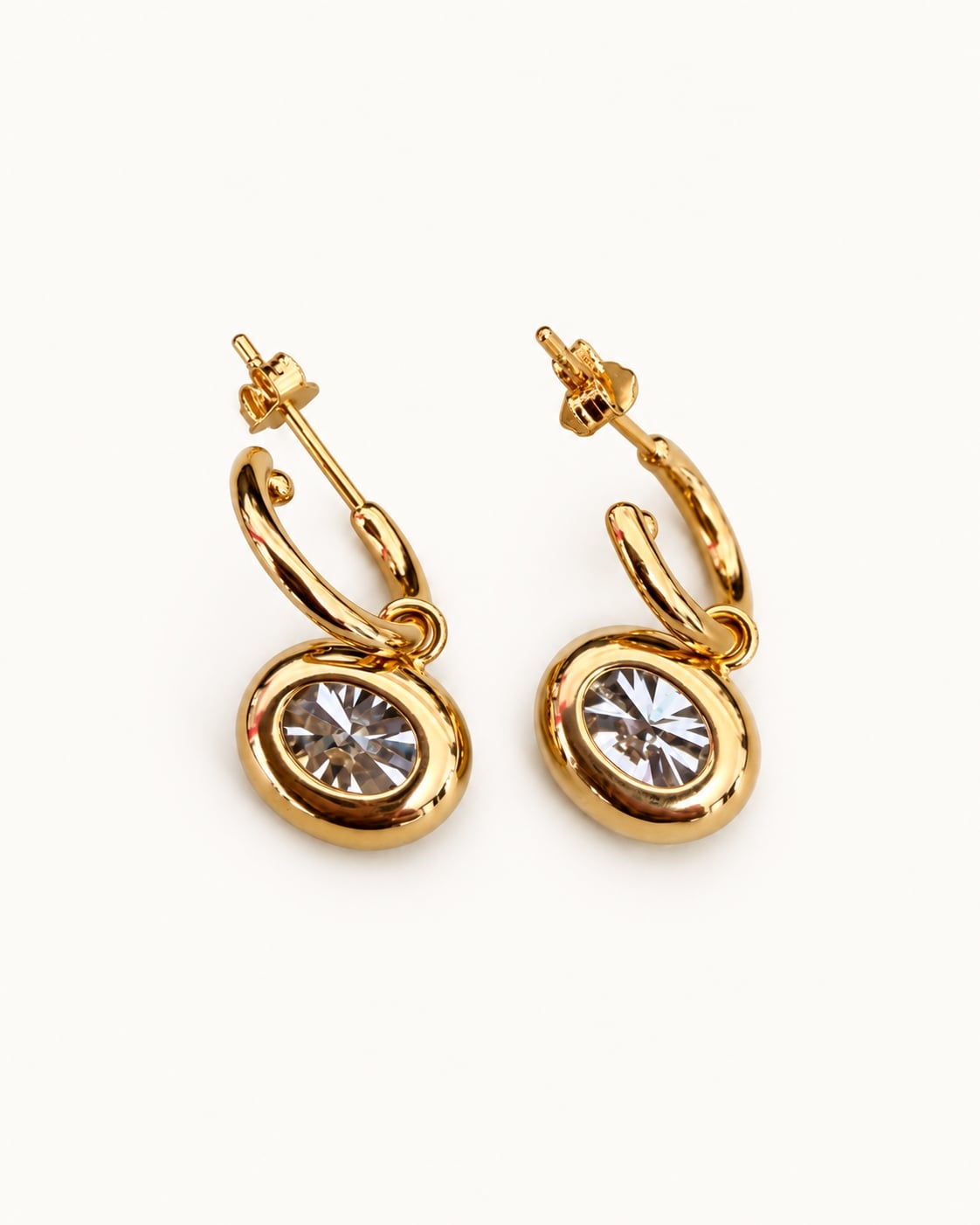 Forte oval bezel earrings, rear view showing open-backed pendants and gold hoop posts