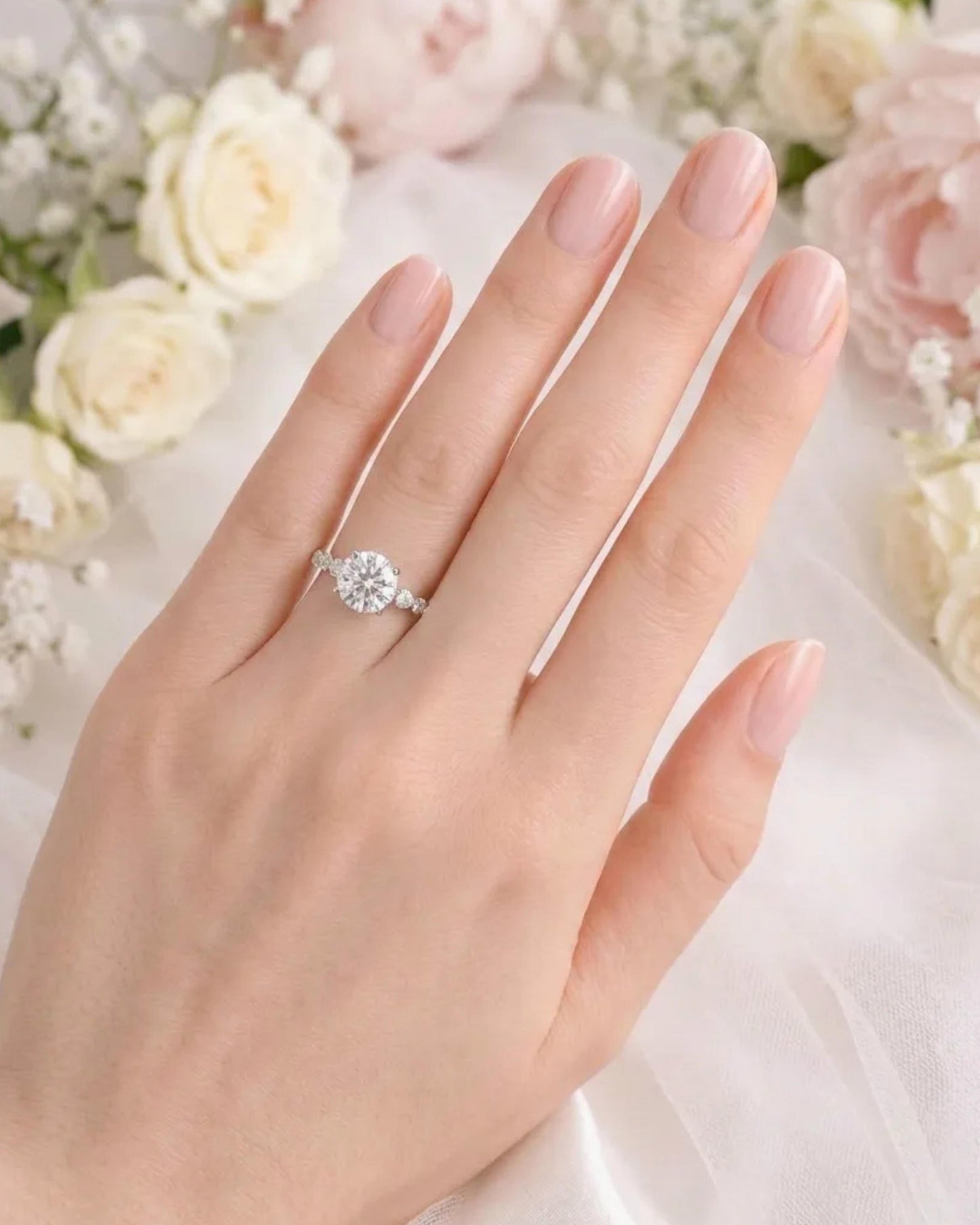 Cascade Round Engagement Ring with Side Round Stones