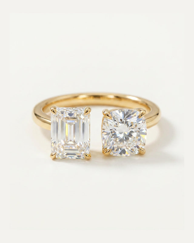 Emerald Cushion Moissanite Toi et Moi Ring