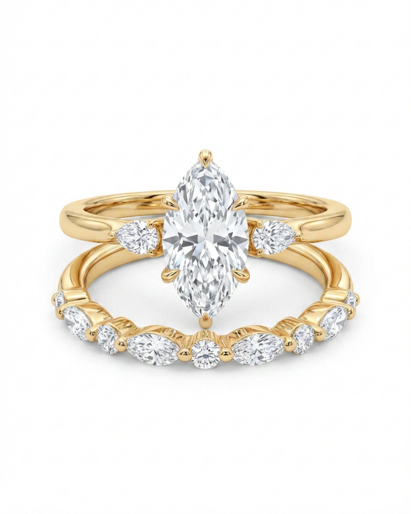 Lune Marquise Three-Stone Bridal Ring Set