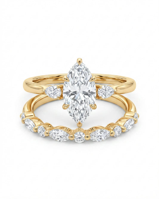 Lune Marquise Three-Stone Bridal Ring Set