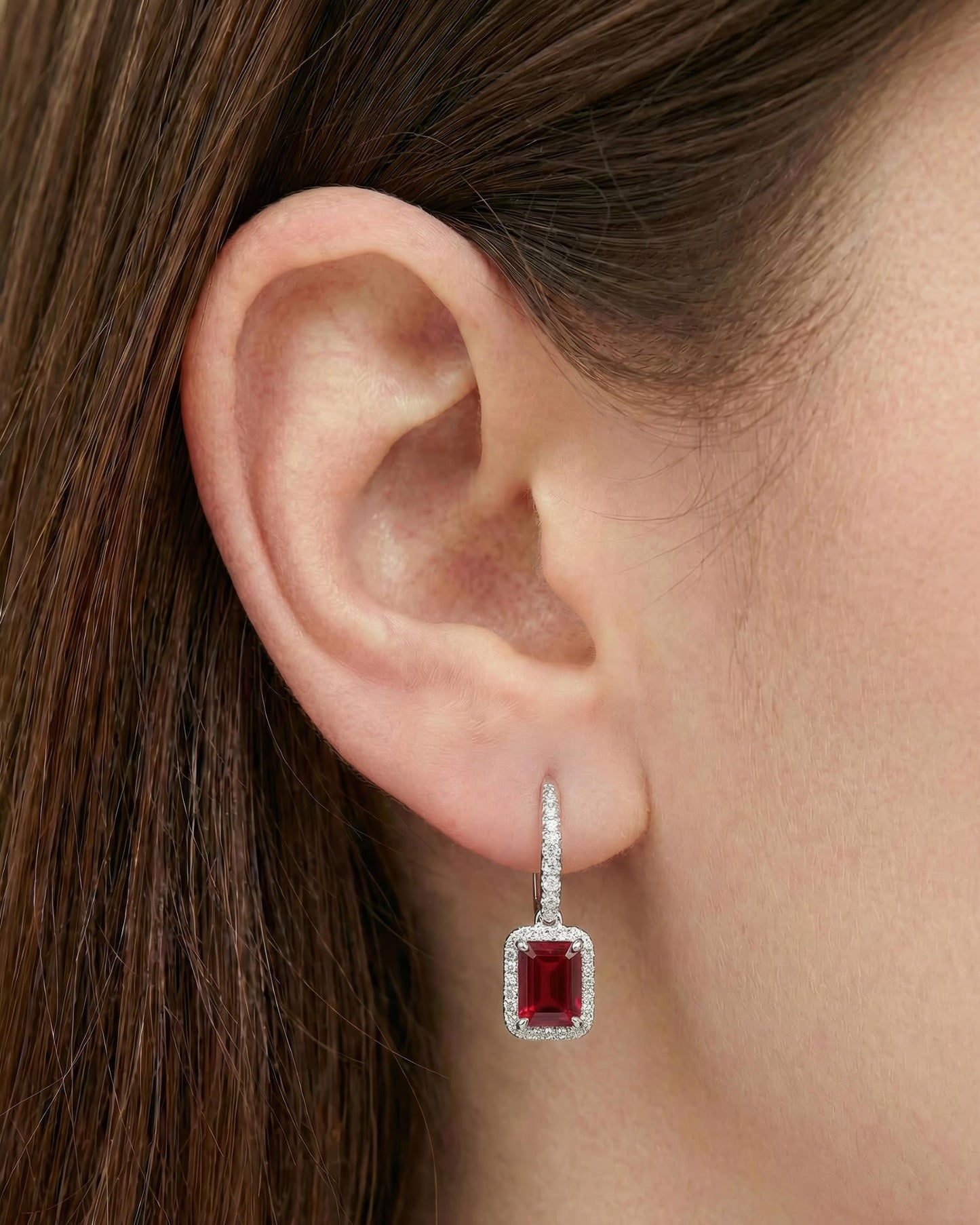 Regal Emerald-Cut Halo Drop Earrings