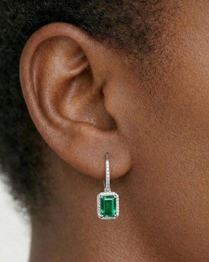 Regal Emerald-Cut Halo Drop Earrings