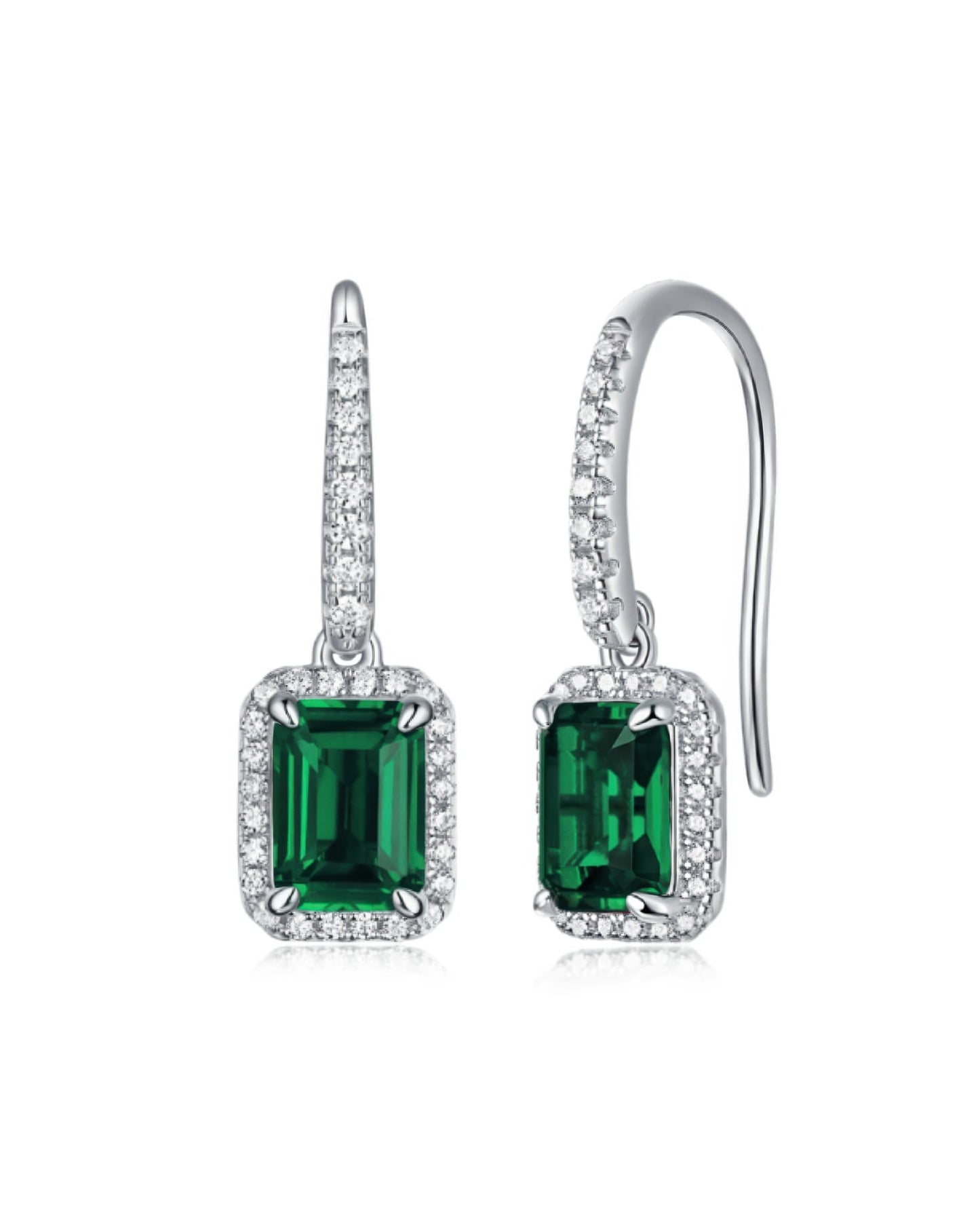 Regal Emerald-Cut Halo Drop Earrings