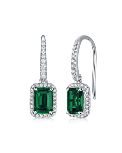 Regal Emerald-Cut Halo Drop Earrings