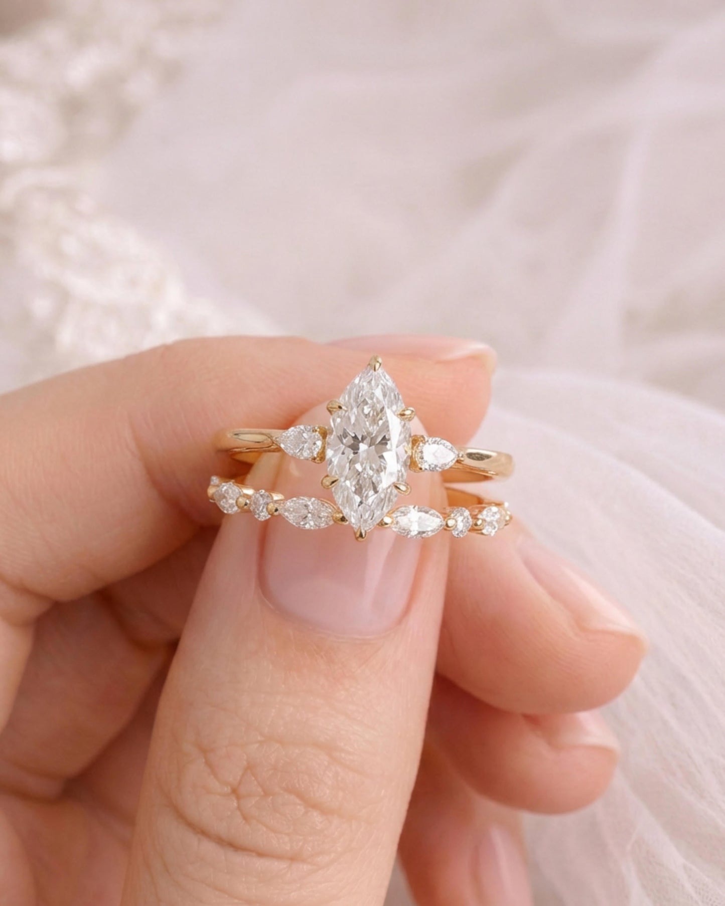 Lune Marquise Three-Stone Bridal Ring Set