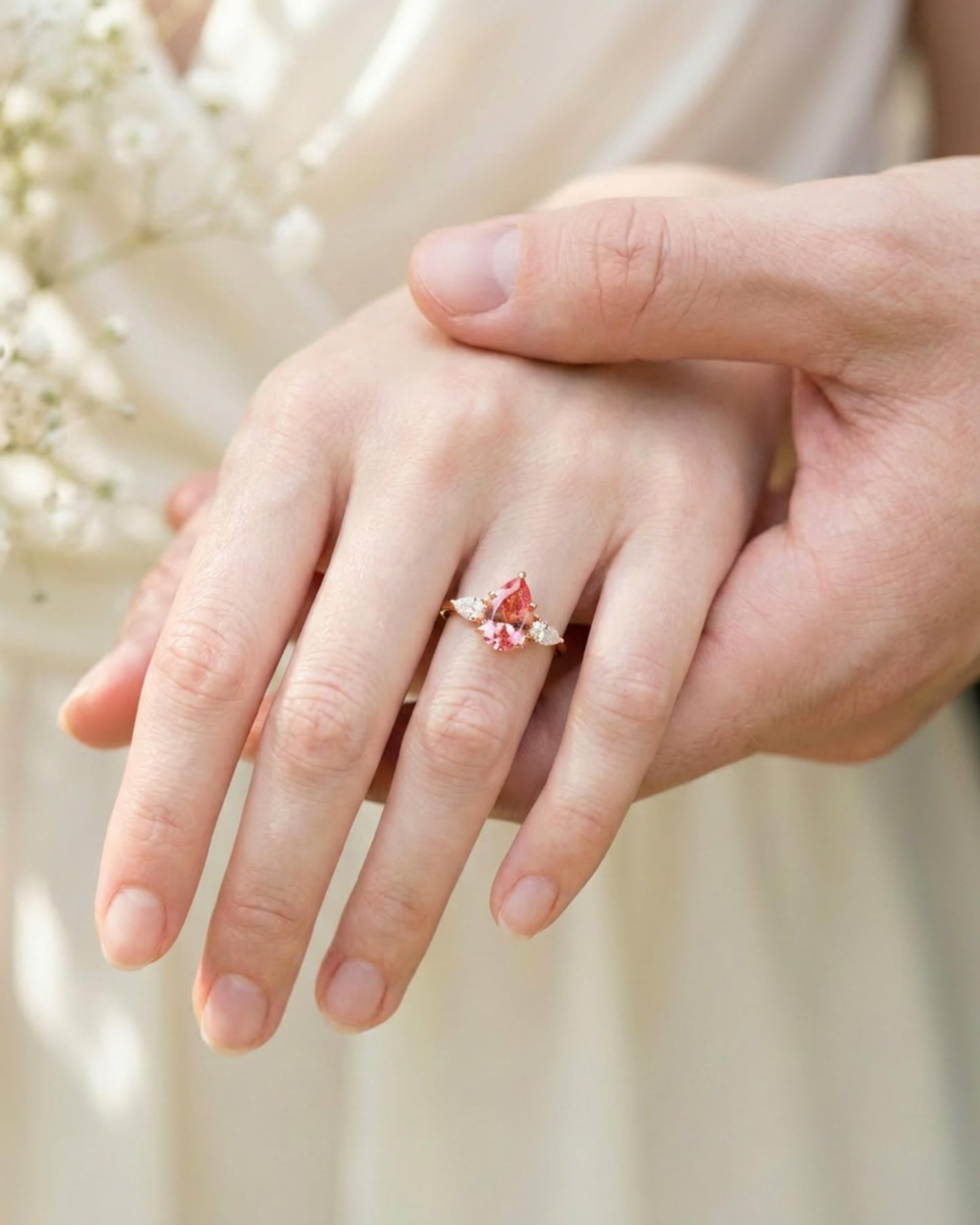 Lumière Trio 3-Stone Padparadscha Pear Ring 3ct