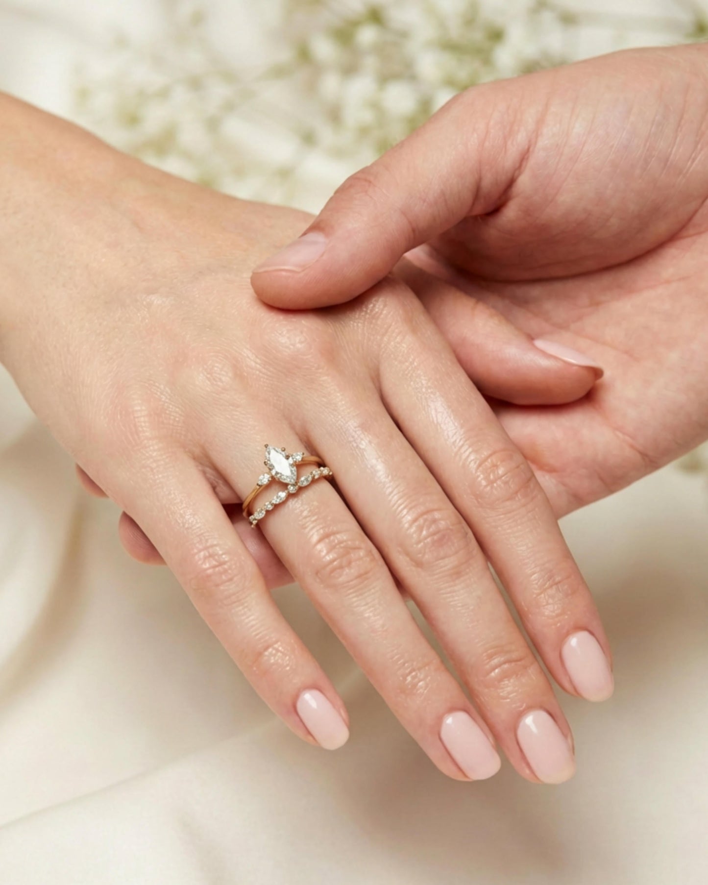 Lune Marquise Three-Stone Bridal Ring Set