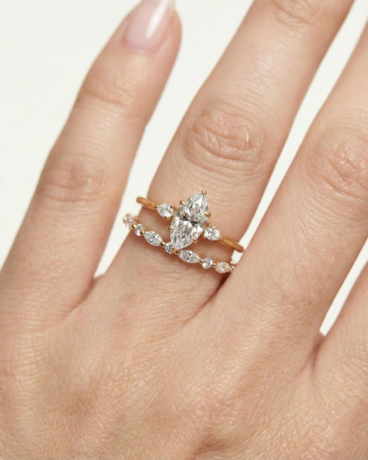 Lune Marquise Three-Stone Bridal Ring Set