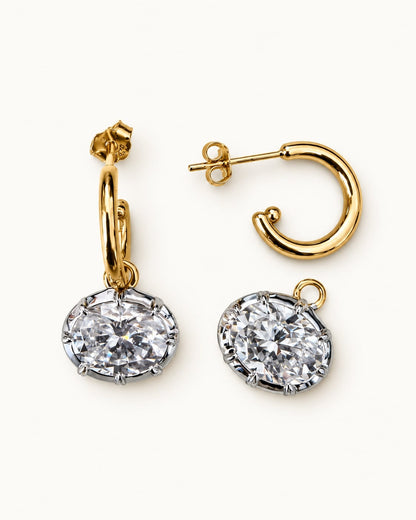 Forte oval moissanite bezel earrings showing gold hoops, silver-tone pendants and post backs in a detail view